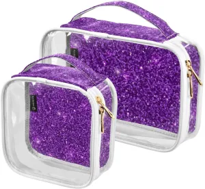 Dark Purple Glitter Print Clear Makeup Bags TSA Approved Toiletry Bag for Women Men Cosmetic Bags with Zipper Carry On Airport Airline Compliant Bag PVC Travel Bags for Toiletries Business, 2 Pack