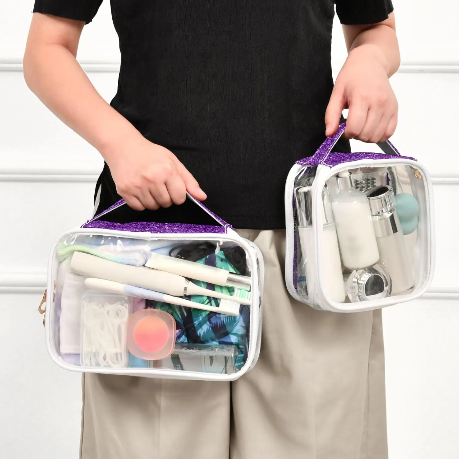 Dark Purple Glitter Print Clear Makeup Bags TSA Approved Toiletry Bag for Women Men Cosmetic Bags with Zipper Carry On Airport Airline Compliant Bag PVC Travel Bags for Toiletries Business, 2 Pack