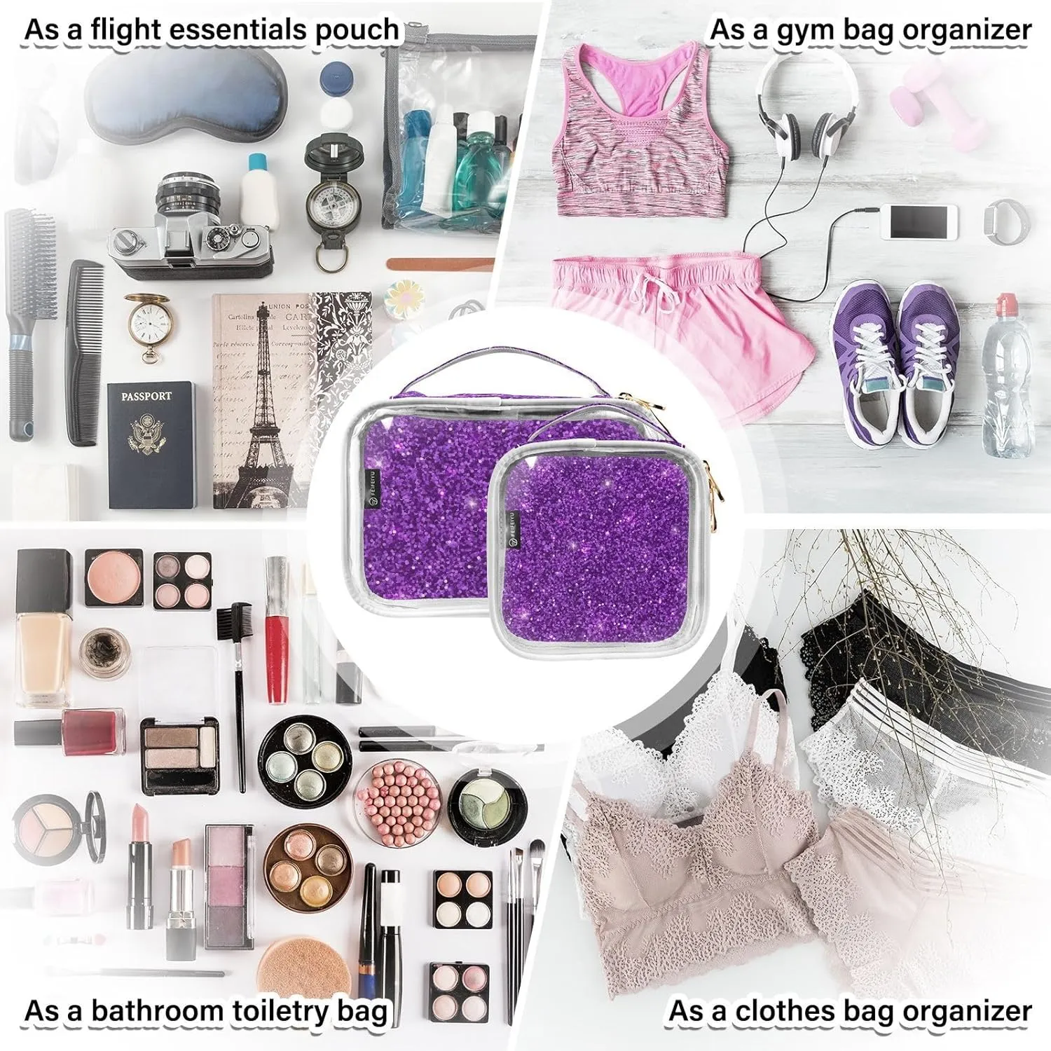 Dark Purple Glitter Print Clear Makeup Bags TSA Approved Toiletry Bag for Women Men Cosmetic Bags with Zipper Carry On Airport Airline Compliant Bag PVC Travel Bags for Toiletries Business, 2 Pack