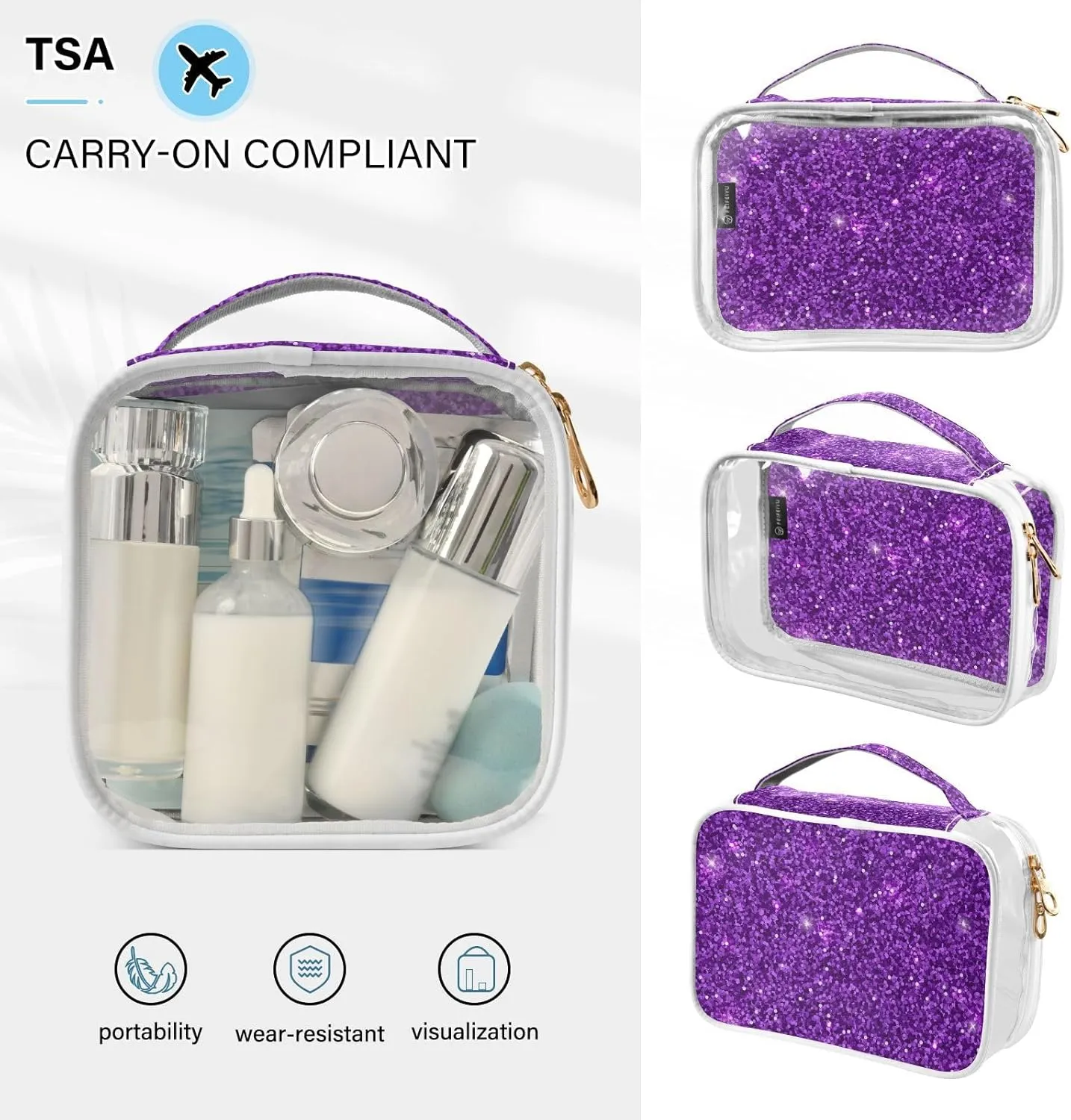 Dark Purple Glitter Print Clear Makeup Bags TSA Approved Toiletry Bag for Women Men Cosmetic Bags with Zipper Carry On Airport Airline Compliant Bag PVC Travel Bags for Toiletries Business, 2 Pack