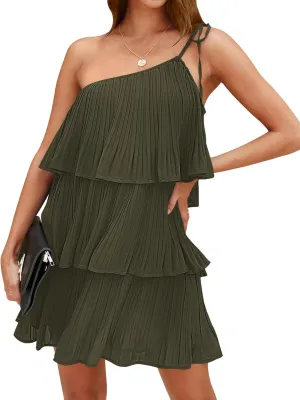 DEEP SELF Women's Summer One Shoulder Ruffle Mini Dress Casual Tiered Chiffon Pleated Flowy Short Dresses