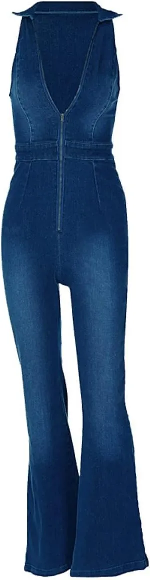 Denim Jumpsuit for Women Sexy Slim Fit Zipper Sleeveless V-Neck High Waist Fashion Jean Pants Rompers