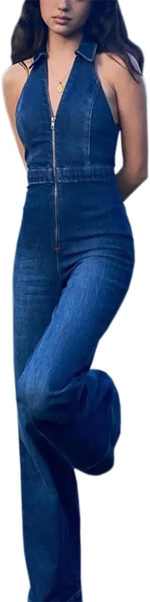 Denim Jumpsuit for Women Sexy Slim Fit Zipper Sleeveless V-Neck High Waist Fashion Jean Pants Rompers