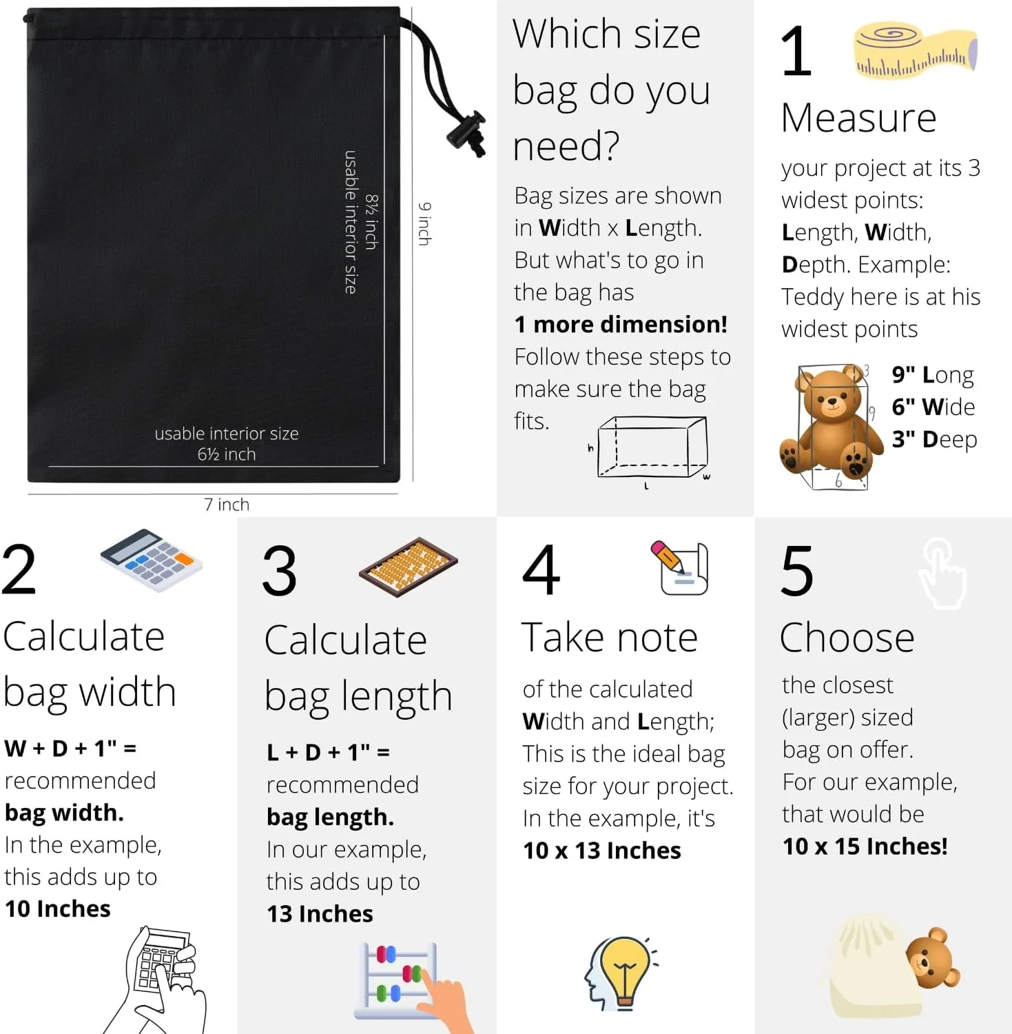 Drawstring Bag with Toggle - Nylon Cinch and Ditty Pouch - Six Pack (Black, 7 x 9 Inch)