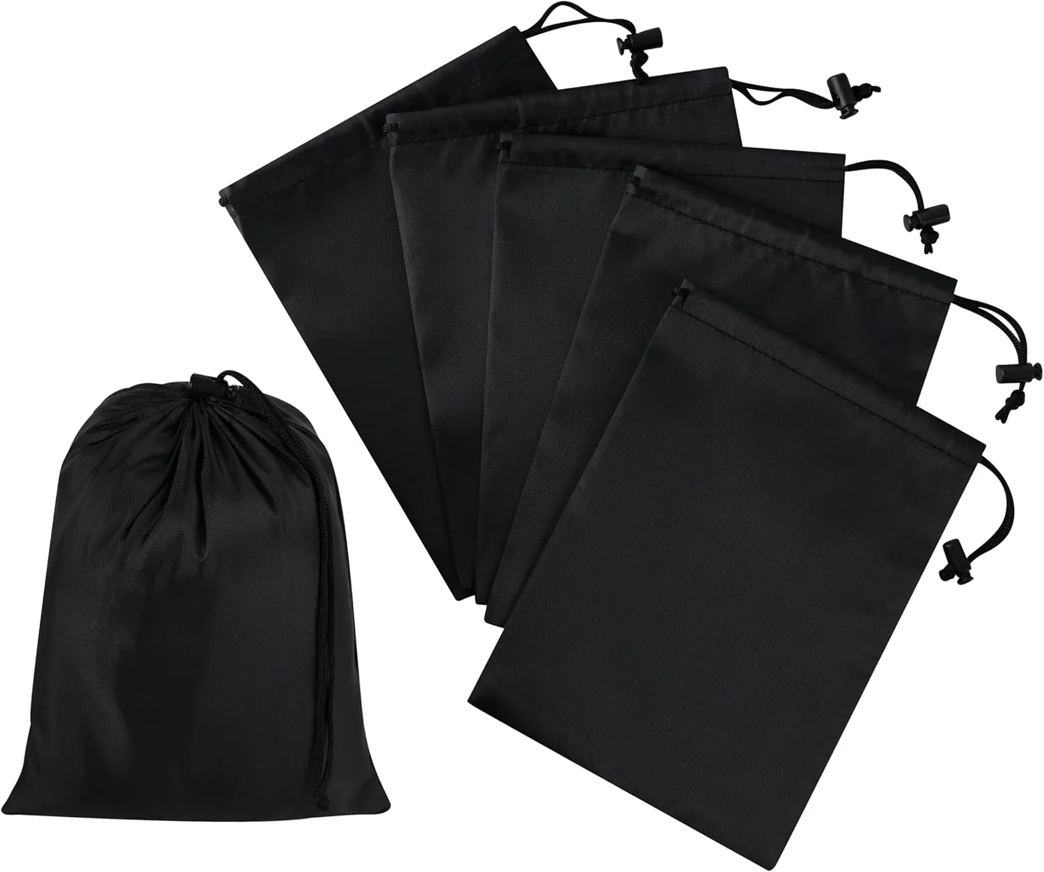 Drawstring Bag with Toggle - Nylon Cinch and Ditty Pouch - Six Pack (Black, 7 x 9 Inch)