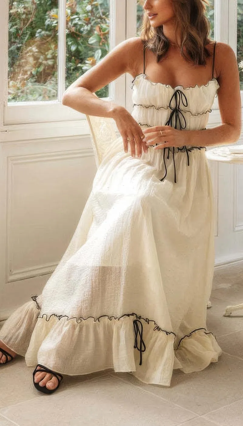 ebossy Women's Summer Spaghetti Strap Boho Long Dress Front Tie-Up Ruffles Flowy Swing Slip Sundress