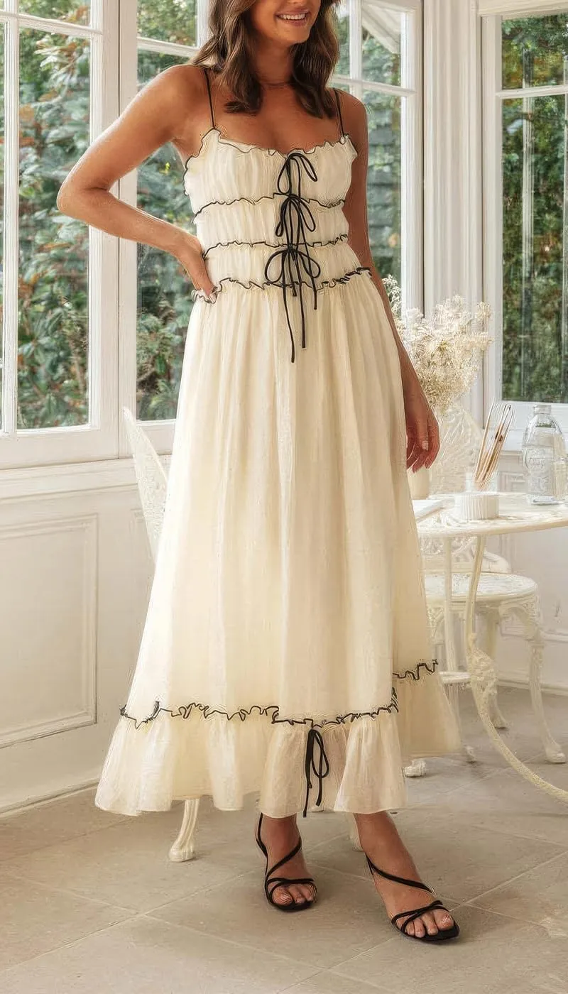 ebossy Women's Summer Spaghetti Strap Boho Long Dress Front Tie-Up Ruffles Flowy Swing Slip Sundress