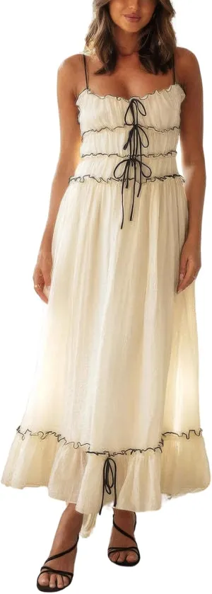 ebossy Women's Summer Spaghetti Strap Boho Long Dress Front Tie-Up Ruffles Flowy Swing Slip Sundress