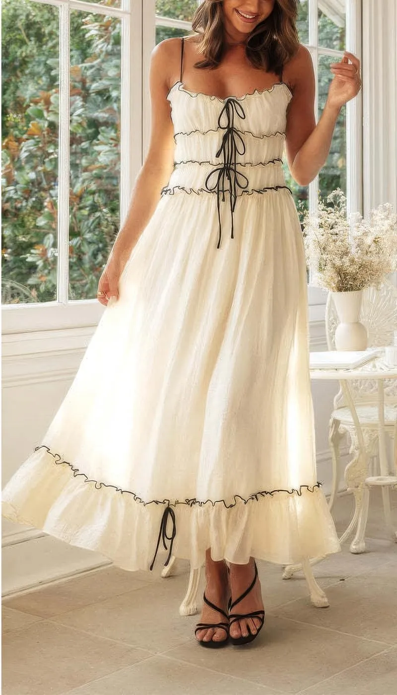 ebossy Women's Summer Spaghetti Strap Boho Long Dress Front Tie-Up Ruffles Flowy Swing Slip Sundress