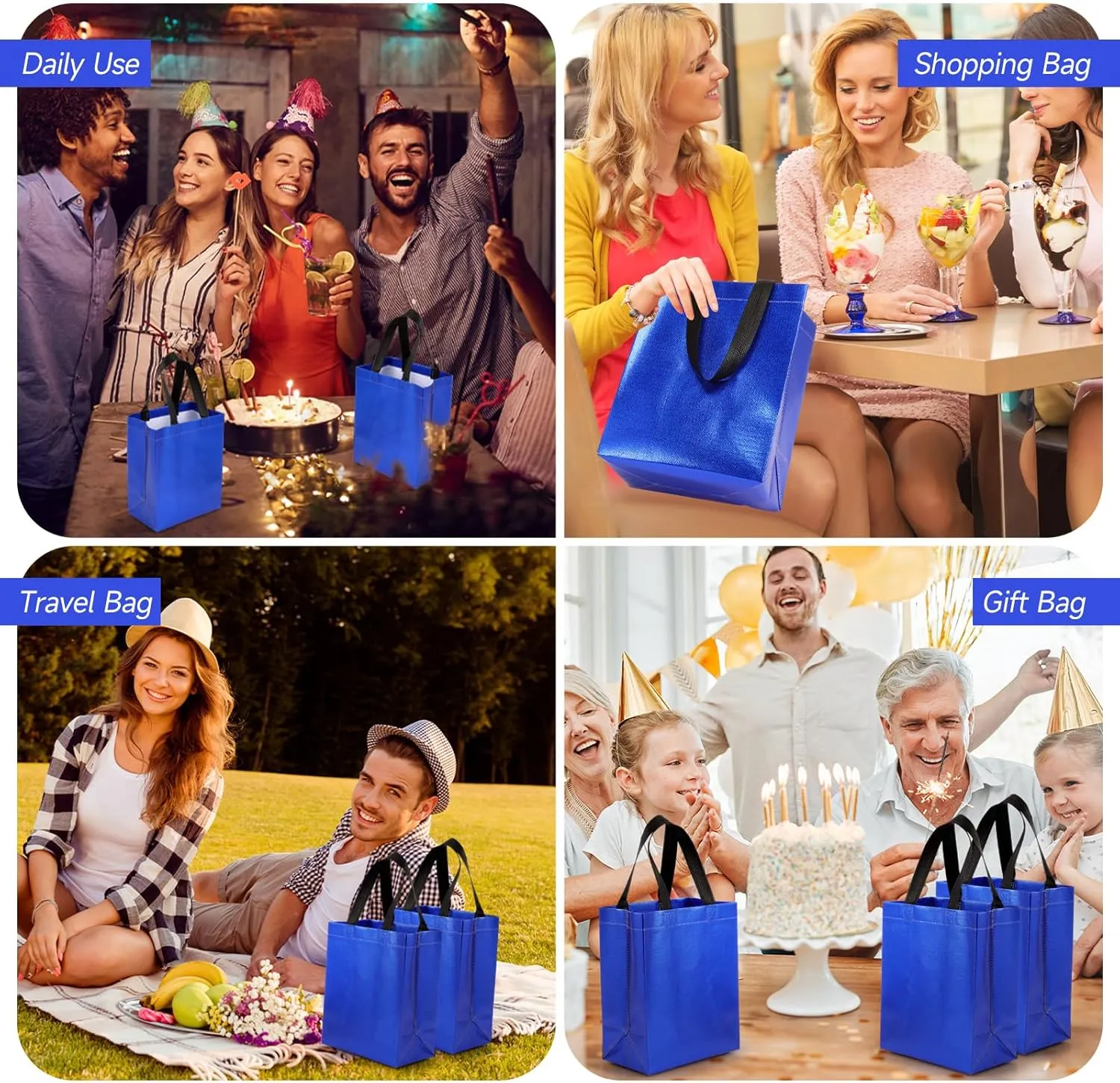 Eccliy 80 Pieces Gift Bags Set Glossy Reusable Tote with Handles Grocery Bags Bulk for Wedding, Bachelorette Party, Christmas(Medium,Blue)
