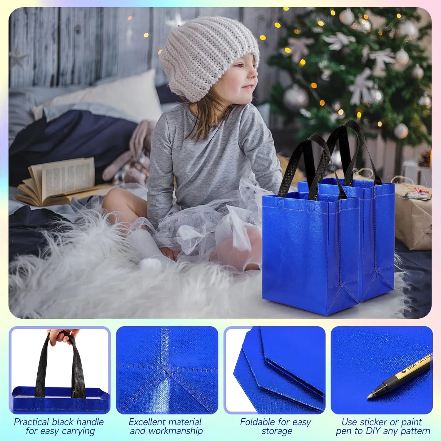 Eccliy 80 Pieces Gift Bags Set Glossy Reusable Tote with Handles Grocery Bags Bulk for Wedding, Bachelorette Party, Christmas(Medium,Blue)
