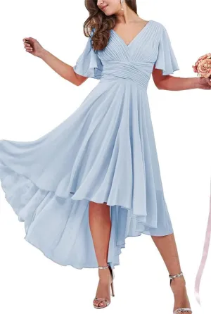 EEFZL High Low Bridesmaid Dresses for Juniors Chiffon Wedding Guest Dresses Formal Evening Gowns with Flutter Sleeves