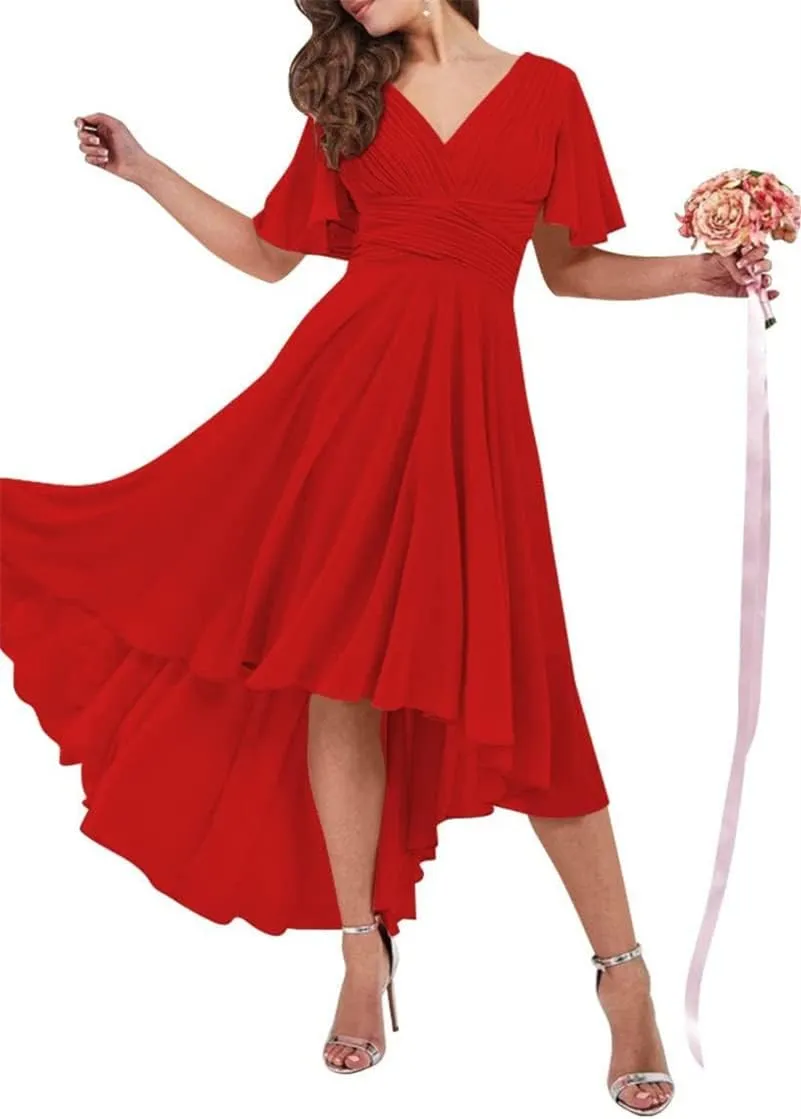EEFZL High Low Bridesmaid Dresses for Juniors Chiffon Wedding Guest Dresses Formal Evening Gowns with Flutter Sleeves