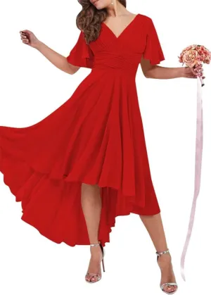 EEFZL High Low Bridesmaid Dresses for Juniors Chiffon Wedding Guest Dresses Formal Evening Gowns with Flutter Sleeves