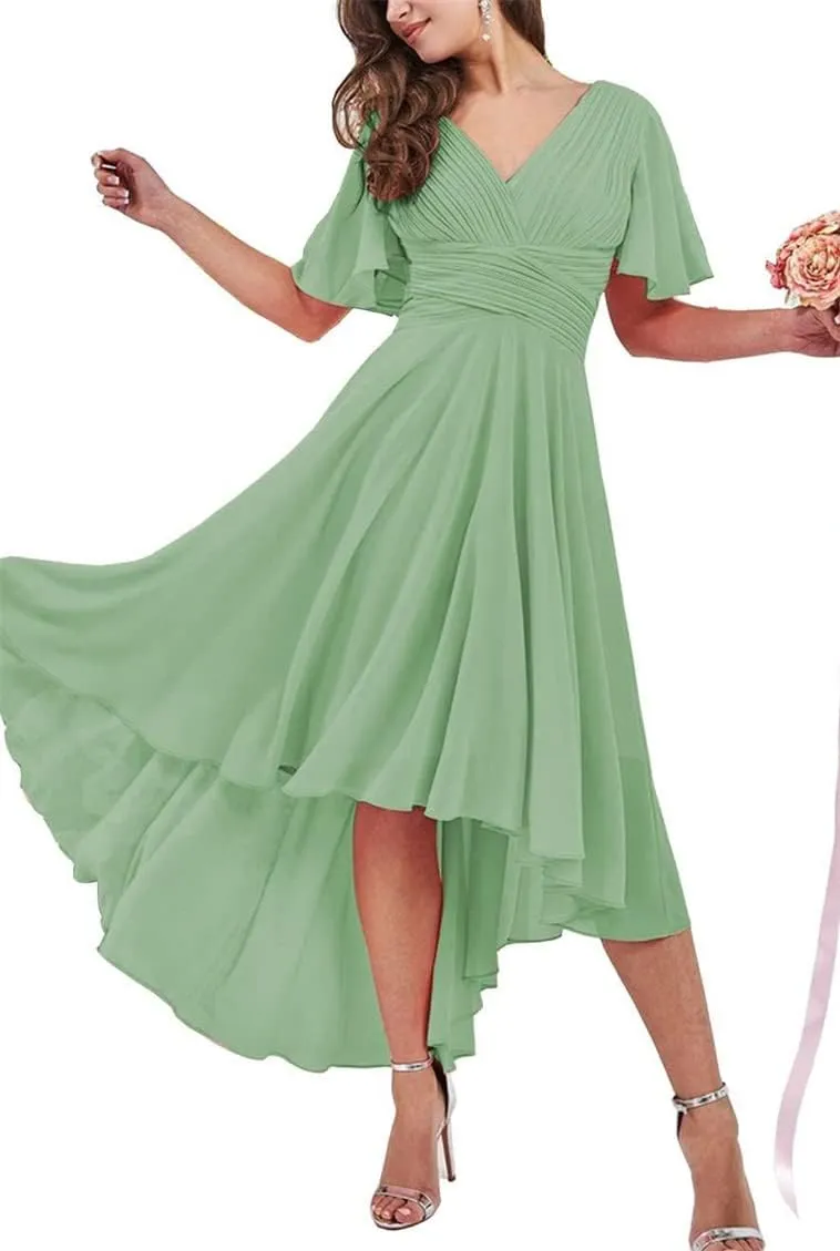EEFZL High Low Bridesmaid Dresses for Juniors Chiffon Wedding Guest Dresses Formal Evening Gowns with Flutter Sleeves