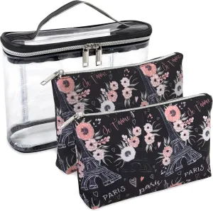 Emma & Chloe 3 Piece Toiletry Bag Set, Waterproof Home or Travel Cosmetic Train Case Makeup Bags for Women with Handle and Zipper (Paris Je T'aime)