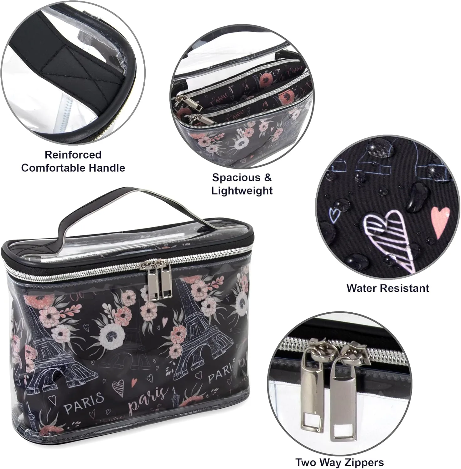 Emma & Chloe 3 Piece Toiletry Bag Set, Waterproof Home or Travel Cosmetic Train Case Makeup Bags for Women with Handle and Zipper (Paris Je T'aime)
