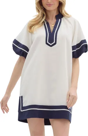 Esmeling Womens Color Block Pullover Dress V Neck Puff Sleeve Shirt Dress Casual Mini Dress with Pockets