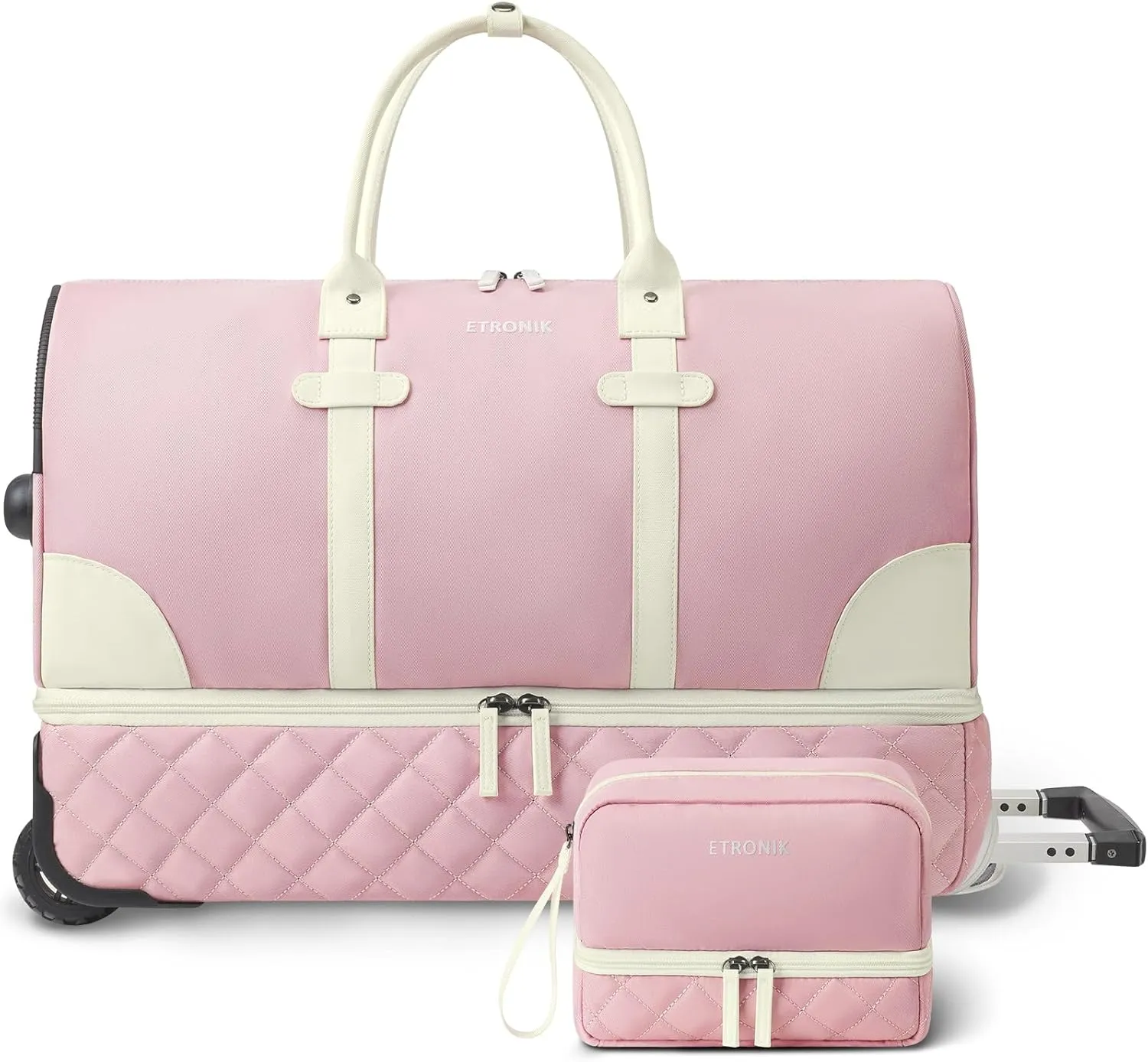 ETRONIK Rolling Duffle Bag with Wheels, 21 Inch Flight Approved Duffle for Travel with Toiletry Bag, Carry on Luggage Overnight Bags for Women with Shoe Compartment Pink