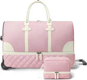 ETRONIK Rolling Duffle Bag with Wheels, 21 Inch Flight Approved Duffle for Travel with Toiletry Bag, Carry on Luggage Overnight Bags for Women with Shoe Compartment Pink