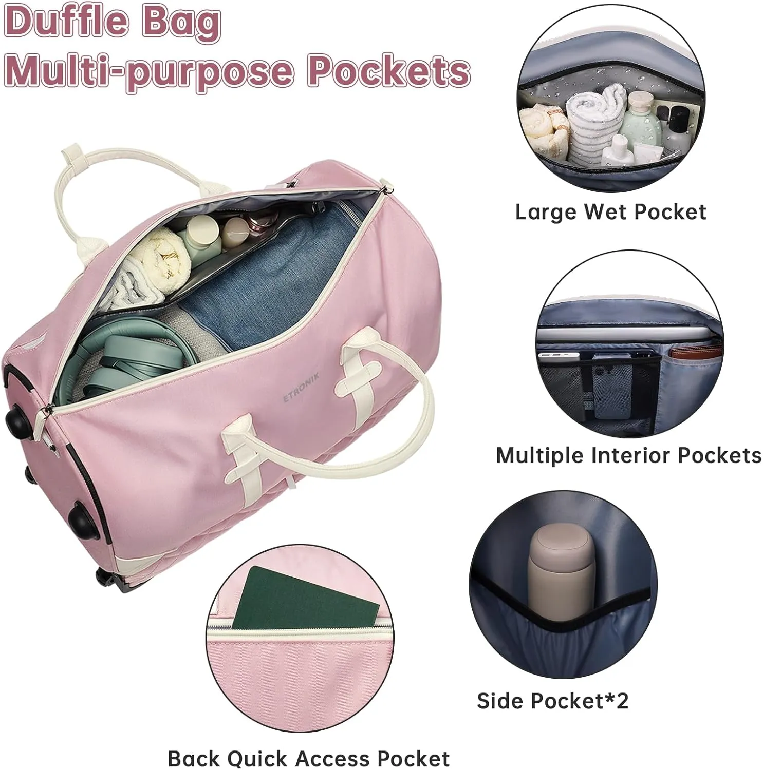 ETRONIK Rolling Duffle Bag with Wheels, 21 Inch Flight Approved Duffle for Travel with Toiletry Bag, Carry on Luggage Overnight Bags for Women with Shoe Compartment Pink