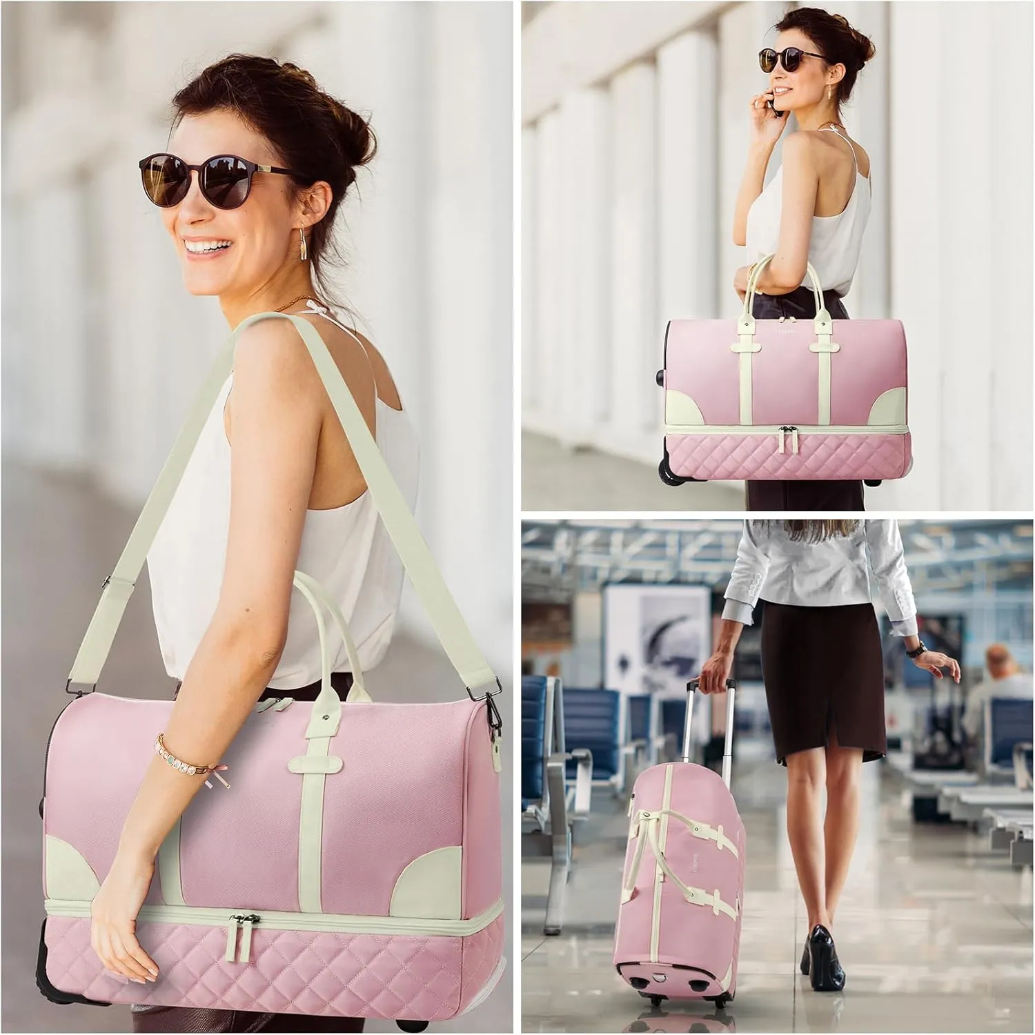 ETRONIK Rolling Duffle Bag with Wheels, 21 Inch Flight Approved Duffle for Travel with Toiletry Bag, Carry on Luggage Overnight Bags for Women with Shoe Compartment Pink