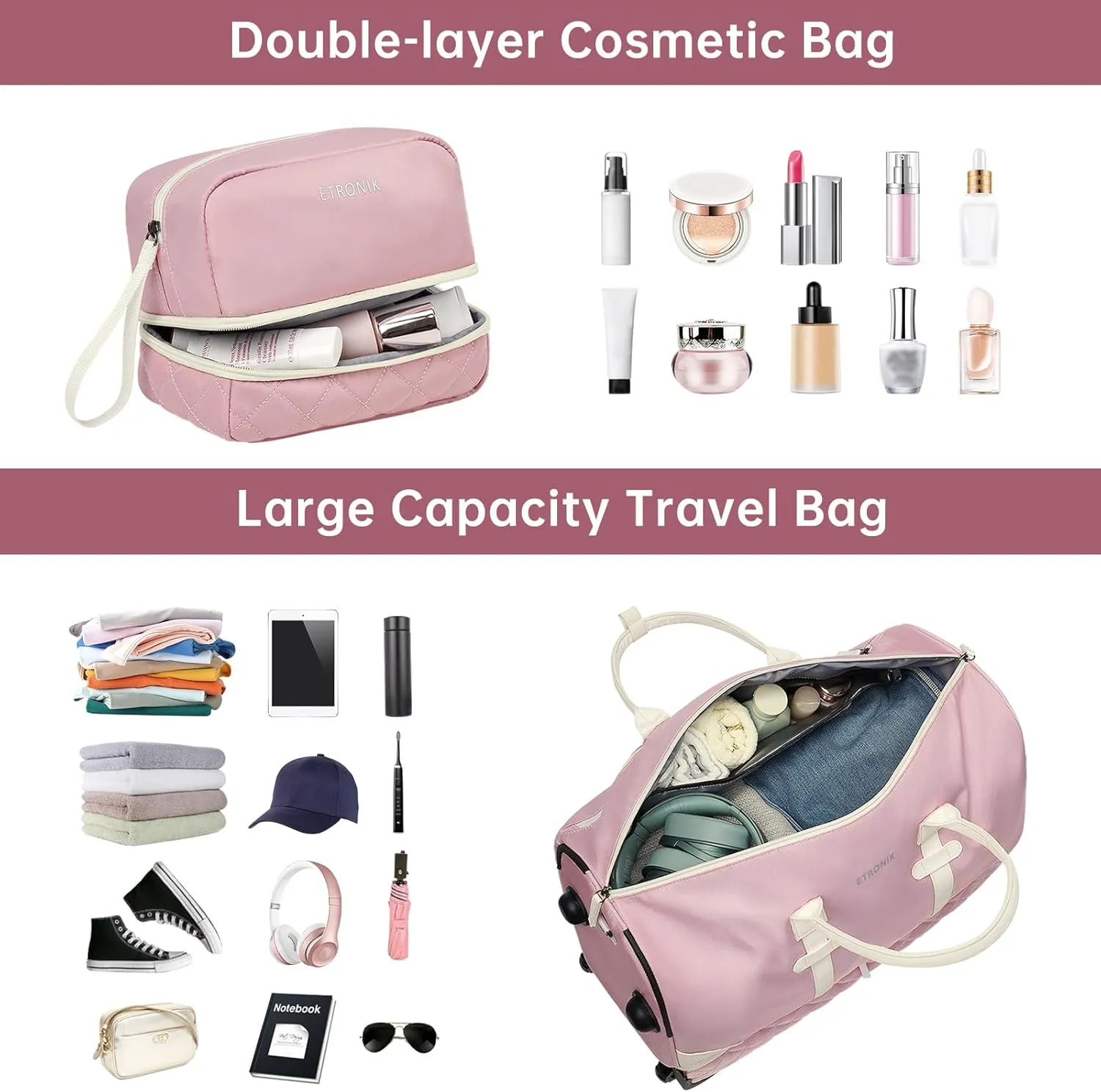 ETRONIK Rolling Duffle Bag with Wheels, 21 Inch Flight Approved Duffle for Travel with Toiletry Bag, Carry on Luggage Overnight Bags for Women with Shoe Compartment Pink