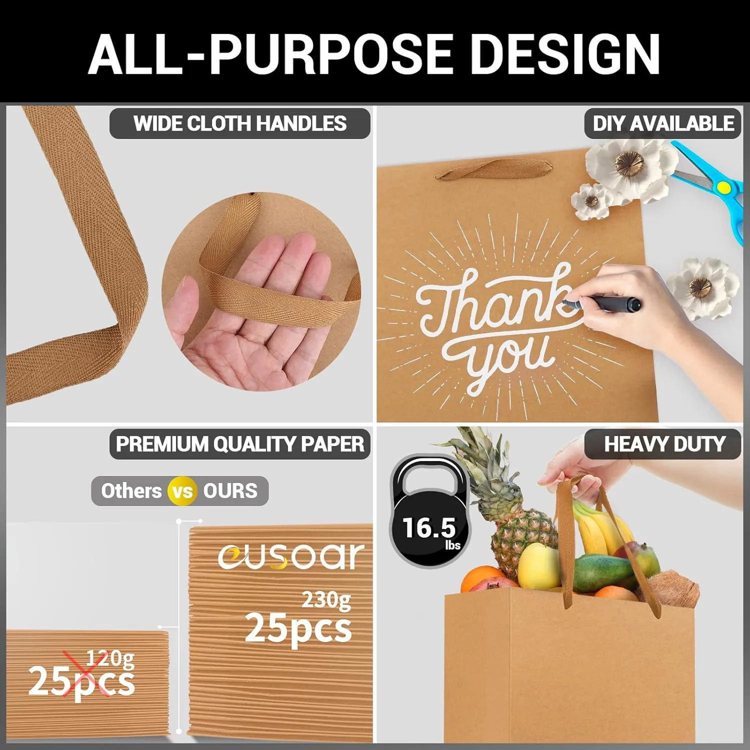 EUSOAR Large Kraft Bags with Handles, 25 Pack 9.8x5.1x12.6" Paper Gift Bags Bulk, Shopping and Merchandise Bag for Party Favors, Wedding, Boutique, Grocery, Retail, Business, Birthday