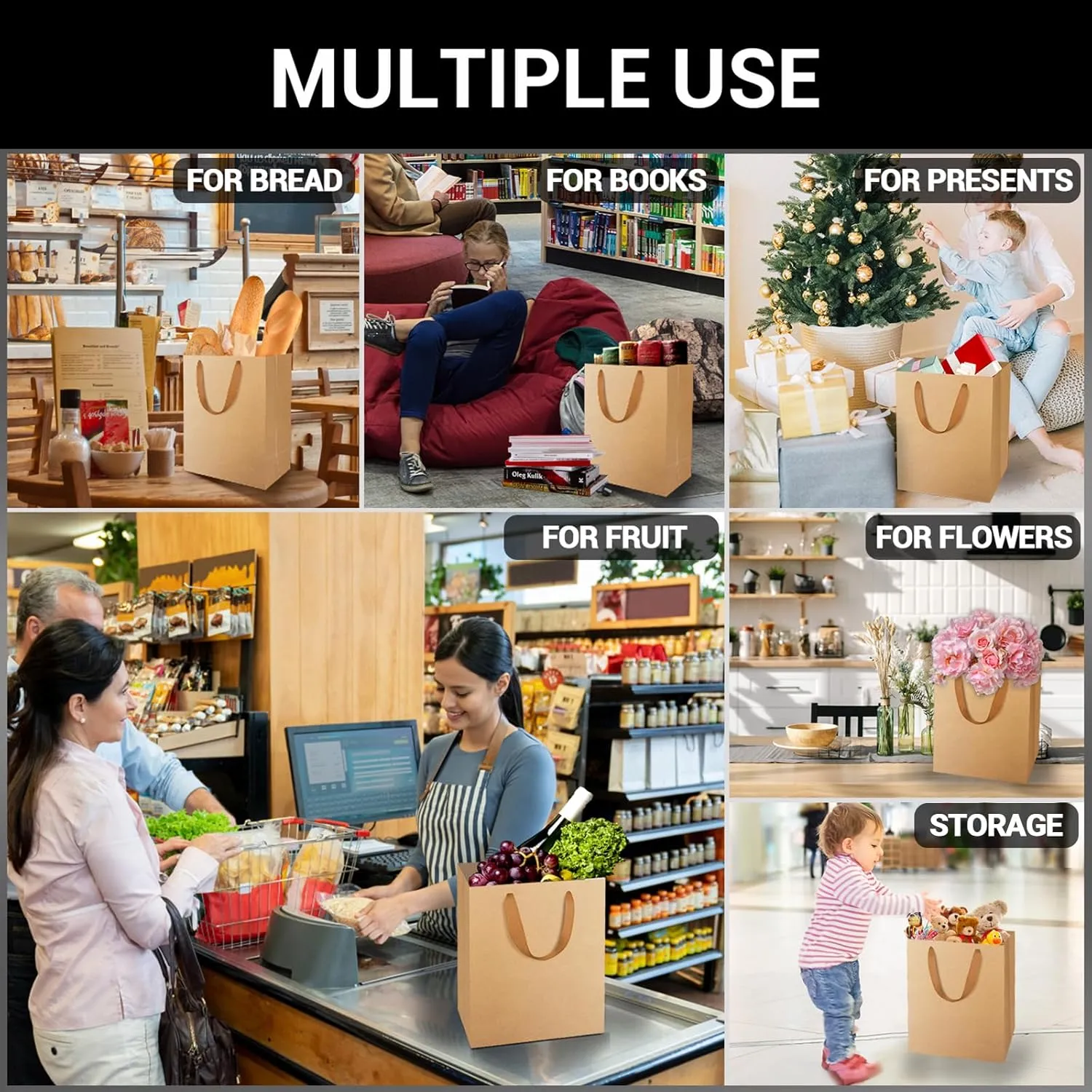 EUSOAR Large Kraft Bags with Handles, 25 Pack 9.8x5.1x12.6" Paper Gift Bags Bulk, Shopping and Merchandise Bag for Party Favors, Wedding, Boutique, Grocery, Retail, Business, Birthday