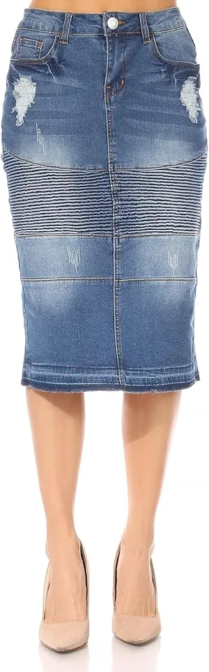 Fashion2Love Women's Juniors/Plus Size Middle - Length Stretch Denim Distressed Pencil Moto Skirt (79008)