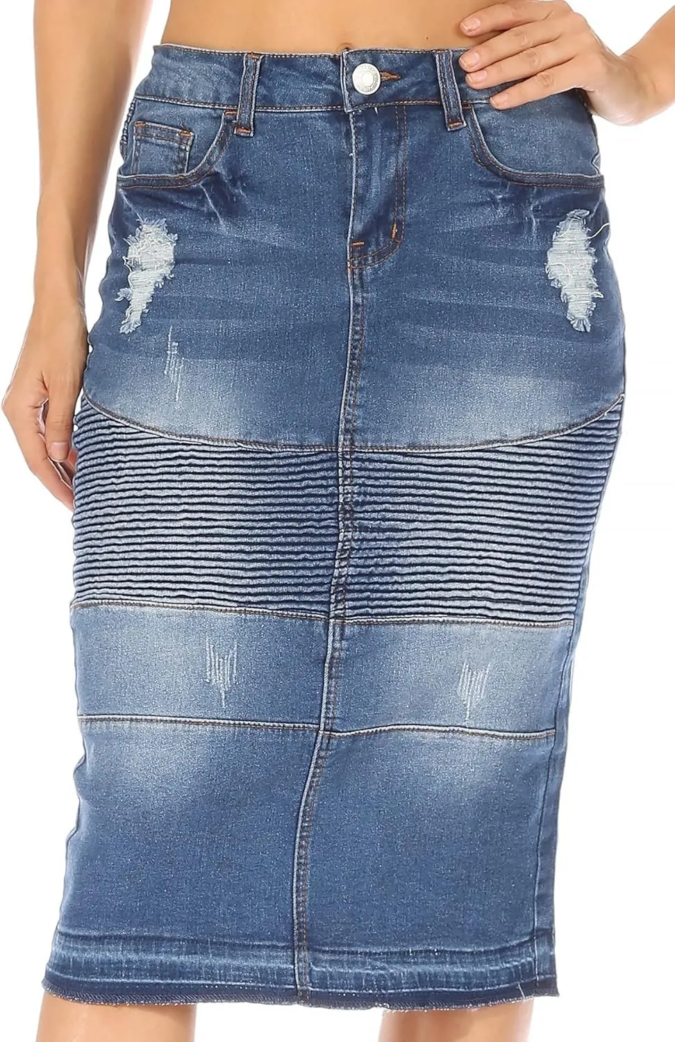 Fashion2Love Women's Juniors/Plus Size Middle - Length Stretch Denim Distressed Pencil Moto Skirt (79008)