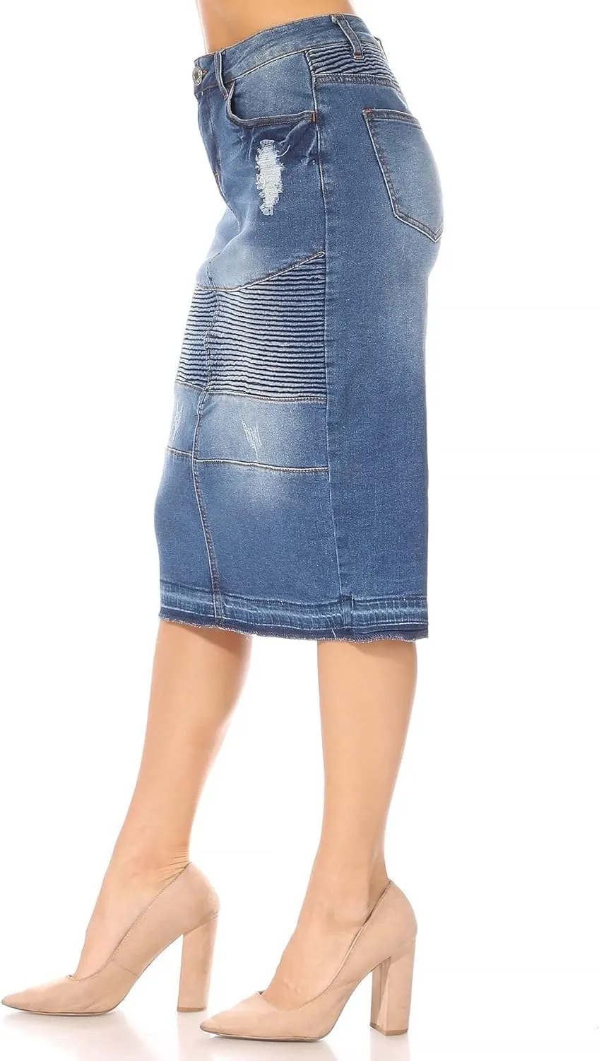 Fashion2Love Women's Juniors/Plus Size Middle - Length Stretch Denim Distressed Pencil Moto Skirt (79008)