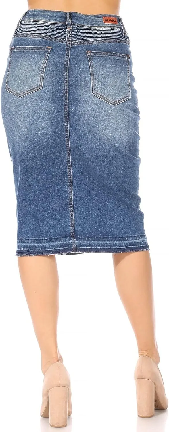 Fashion2Love Women's Juniors/Plus Size Middle - Length Stretch Denim Distressed Pencil Moto Skirt (79008)