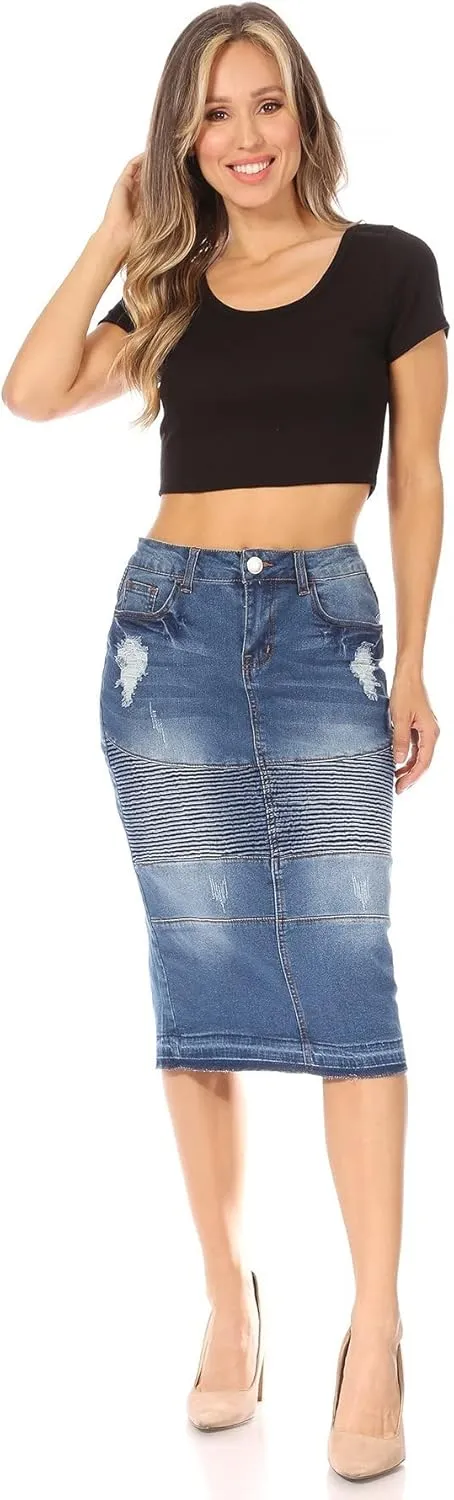 Fashion2Love Women's Juniors/Plus Size Middle - Length Stretch Denim Distressed Pencil Moto Skirt (79008)