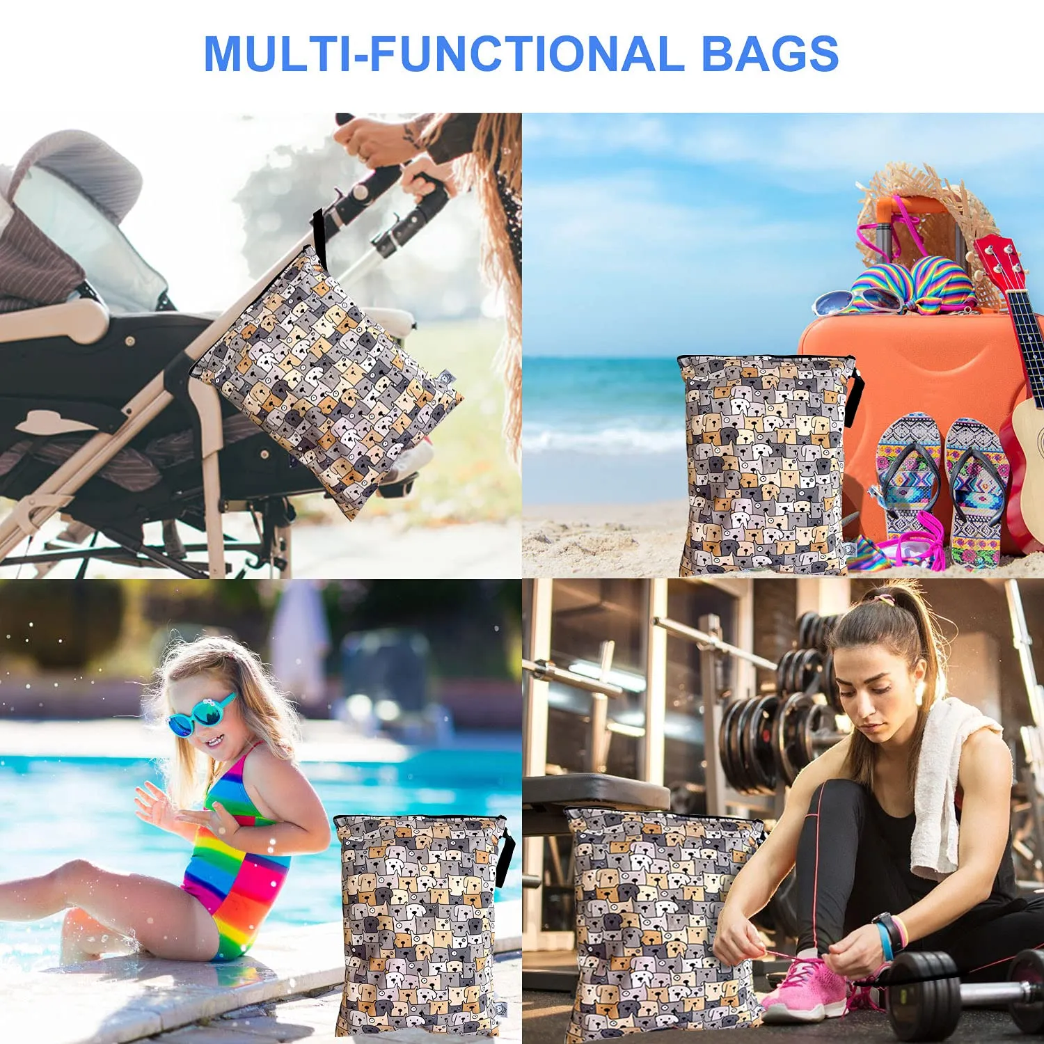 FLOCK THREE Washable and Reusable Wet Bag Diaper Bag Water Resistant Swimming Bag Travel Toiletries Pouch Yoga Gym Bag Cute Pugs 12.6'' x 16.5''