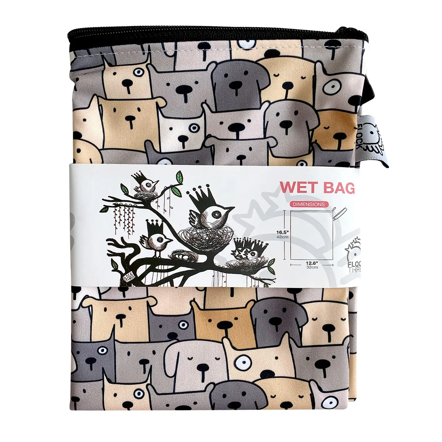 FLOCK THREE Washable and Reusable Wet Bag Diaper Bag Water Resistant Swimming Bag Travel Toiletries Pouch Yoga Gym Bag Cute Pugs 12.6'' x 16.5''