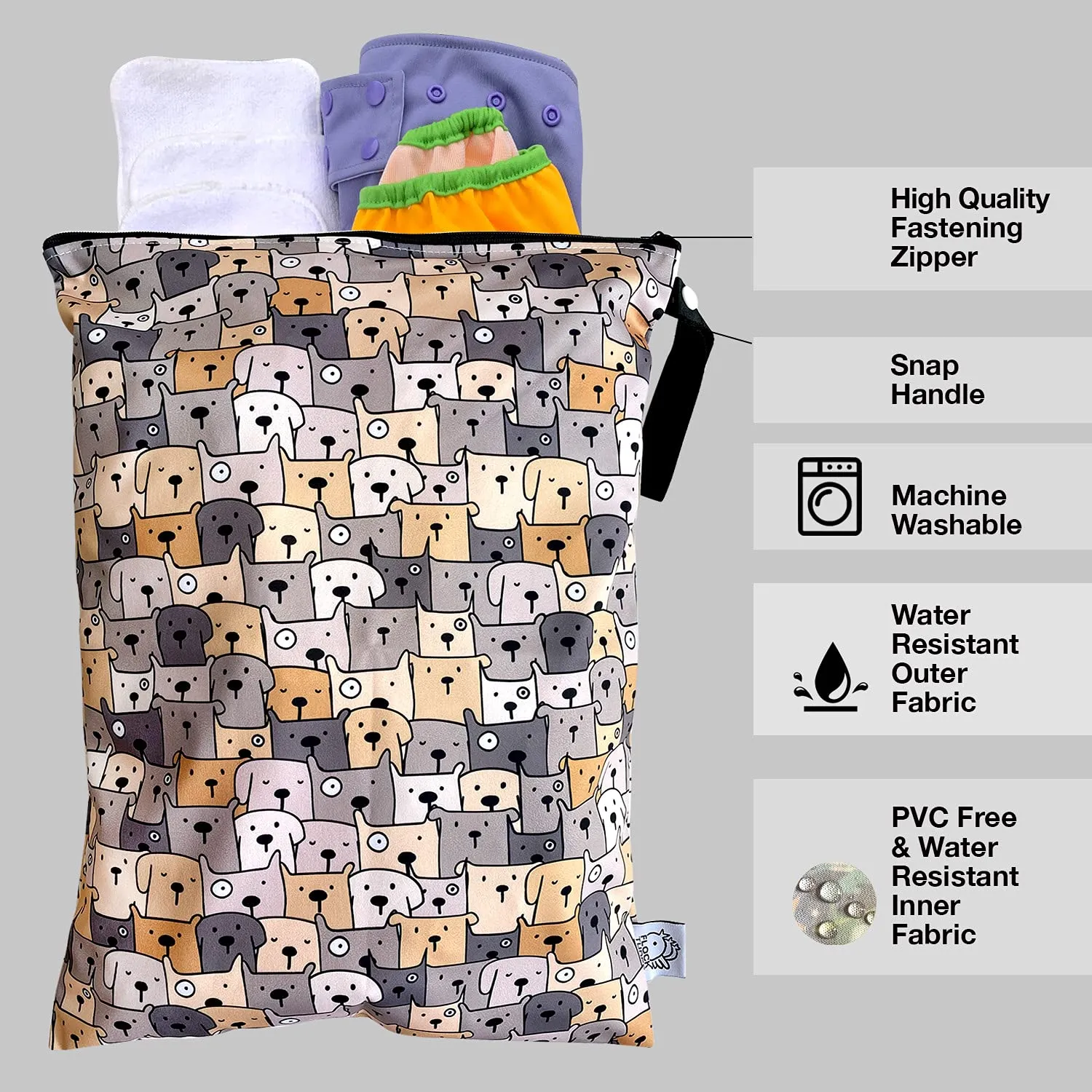 FLOCK THREE Washable and Reusable Wet Bag Diaper Bag Water Resistant Swimming Bag Travel Toiletries Pouch Yoga Gym Bag Cute Pugs 12.6'' x 16.5''
