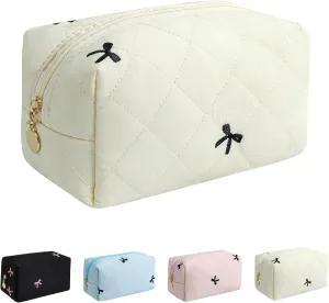 Floral Cotton Makeup Cosmetic Bag for Women, Travel Quilted Zipper Make Up Bag, Flowers Toiletry Organizer Case Kawaii Makeup Cosmetic Travel Cloth Pouch (Beige)