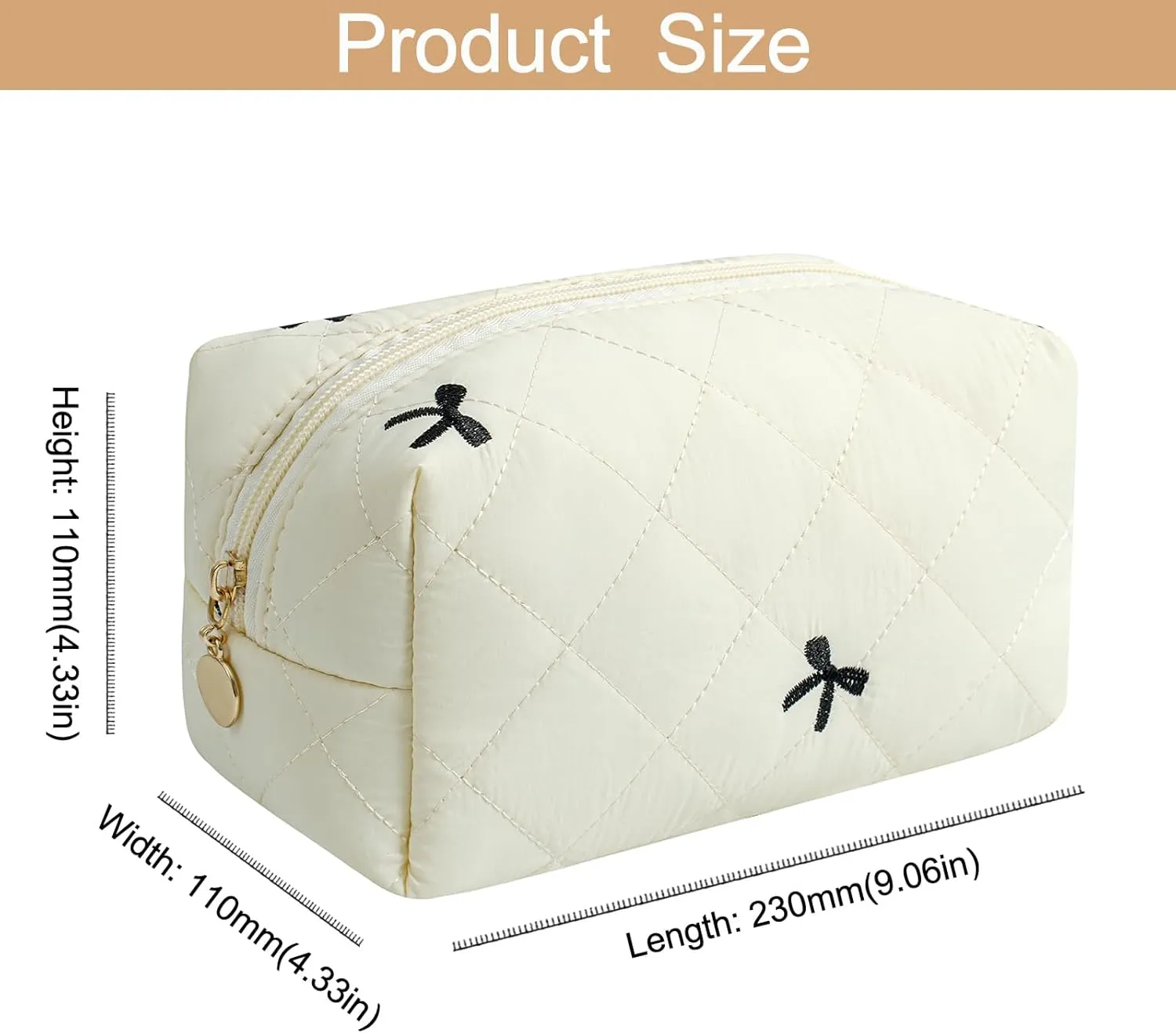 Floral Cotton Makeup Cosmetic Bag for Women, Travel Quilted Zipper Make Up Bag, Flowers Toiletry Organizer Case Kawaii Makeup Cosmetic Travel Cloth Pouch (Beige)