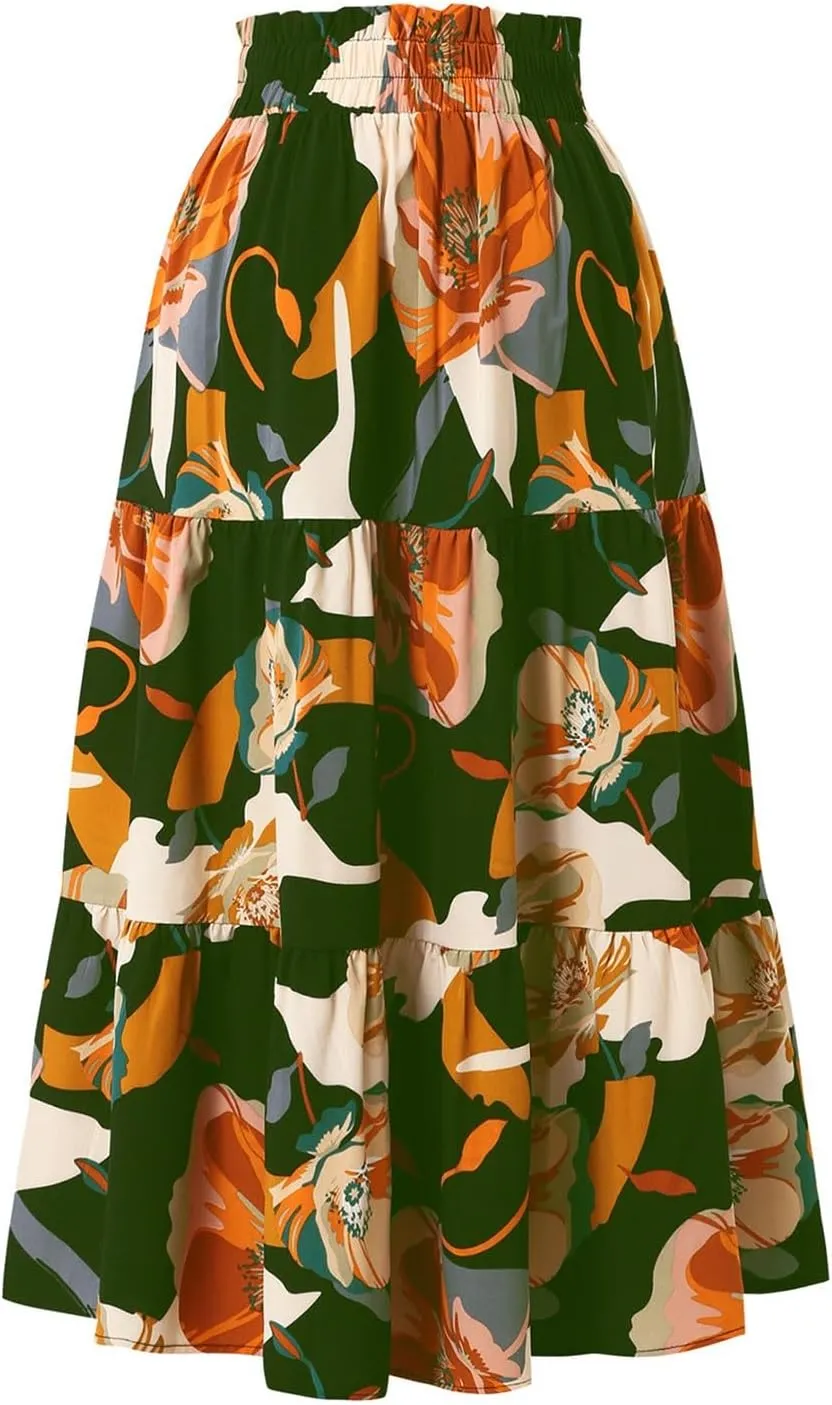 Floral Pleated Skirts for Women Drawstring High Waist Boho Maxi Skirts Summer Flowy Tiered Pleated Beach A Line Skirt
