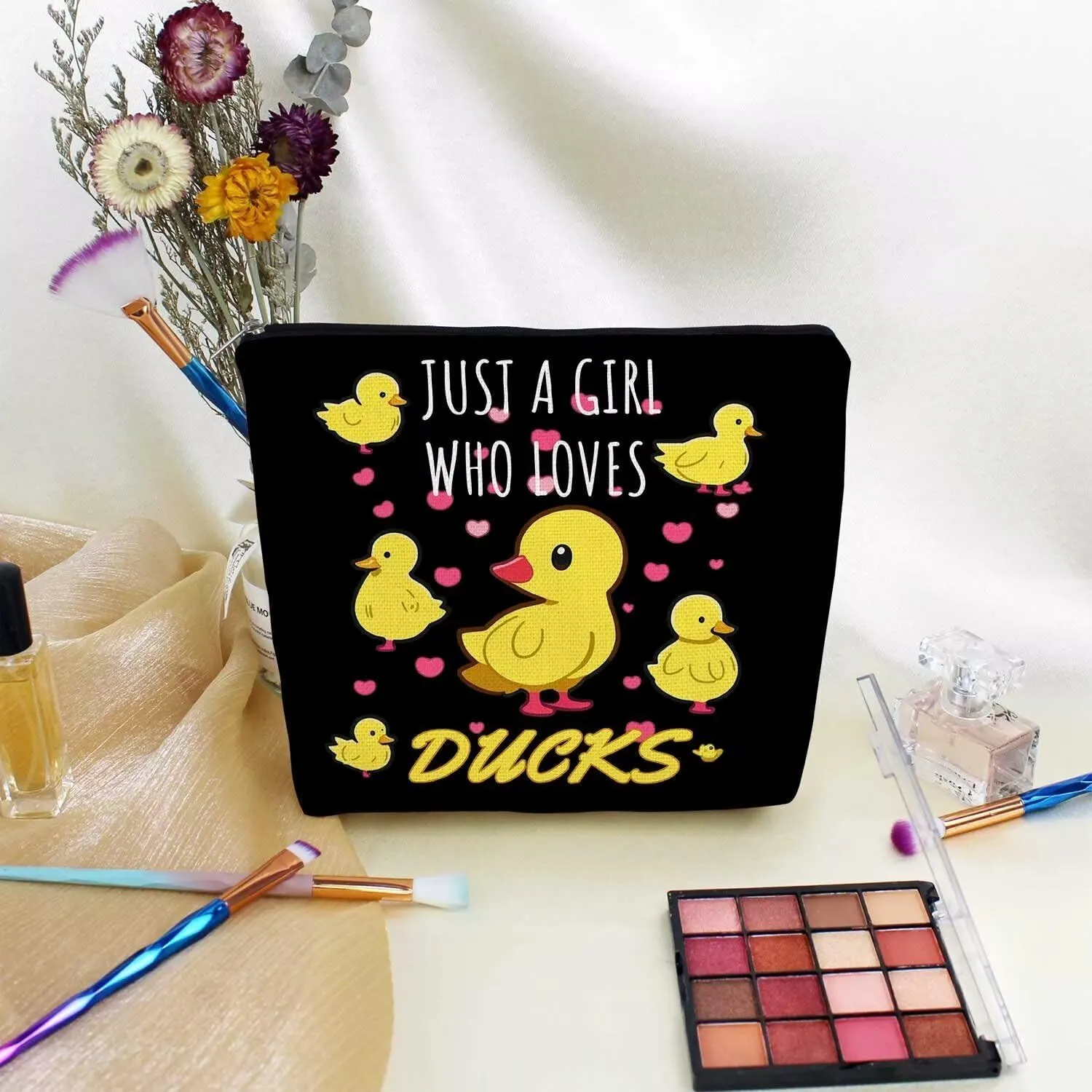 Funny Duck Present Just Lovs Ducks Makeup Bag Cute Small Cosmetic Bag Black Canvas Toiletry Organizer Zipper Pouch Birthday Present for Duck Lovers Women Friends