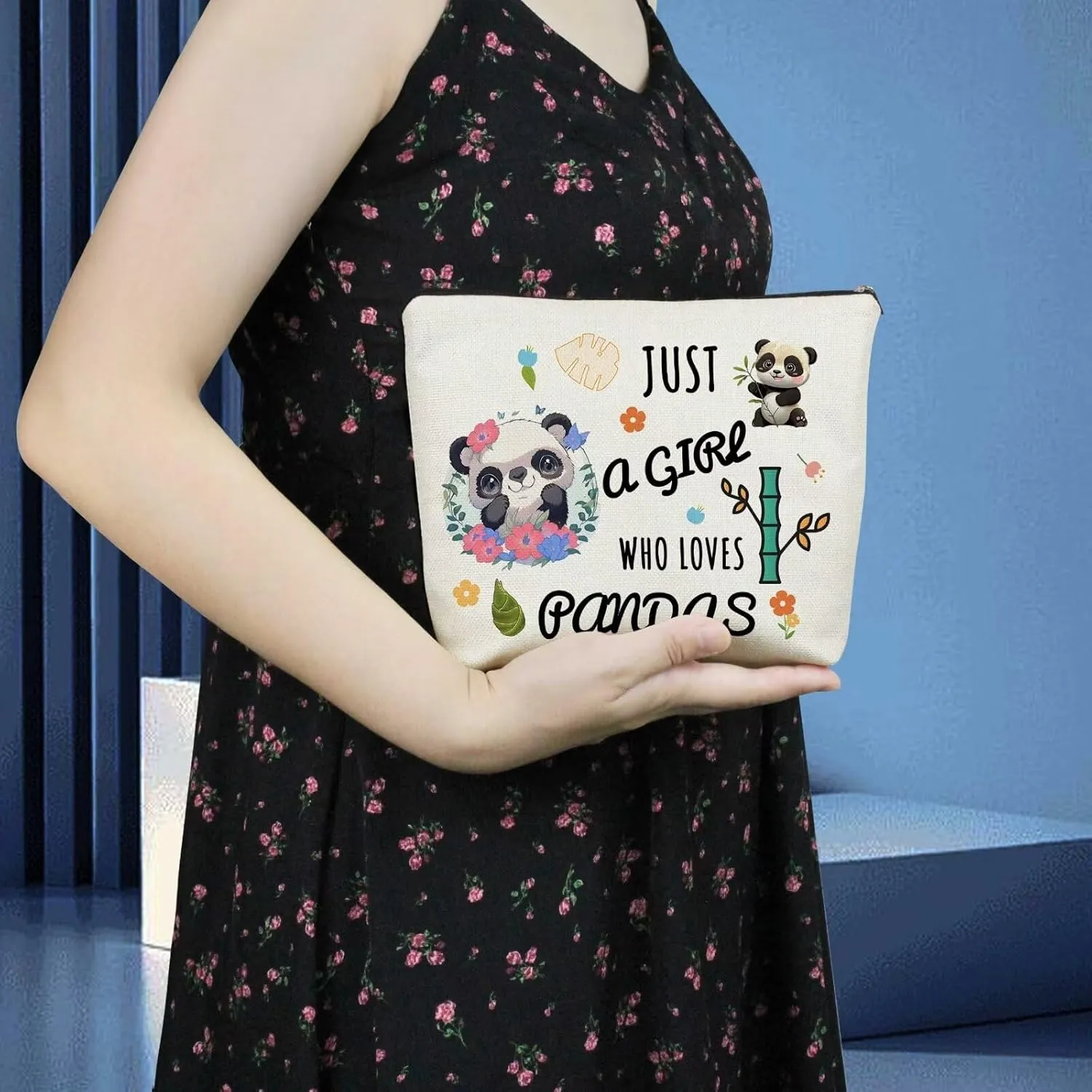 Funny Panda Present Just Love Pandas Makeup Bag Cute Small Cosmetic Bag Travel Toiletry Zipper Pouch Birthday Present for Pandas Lovers Women Friends