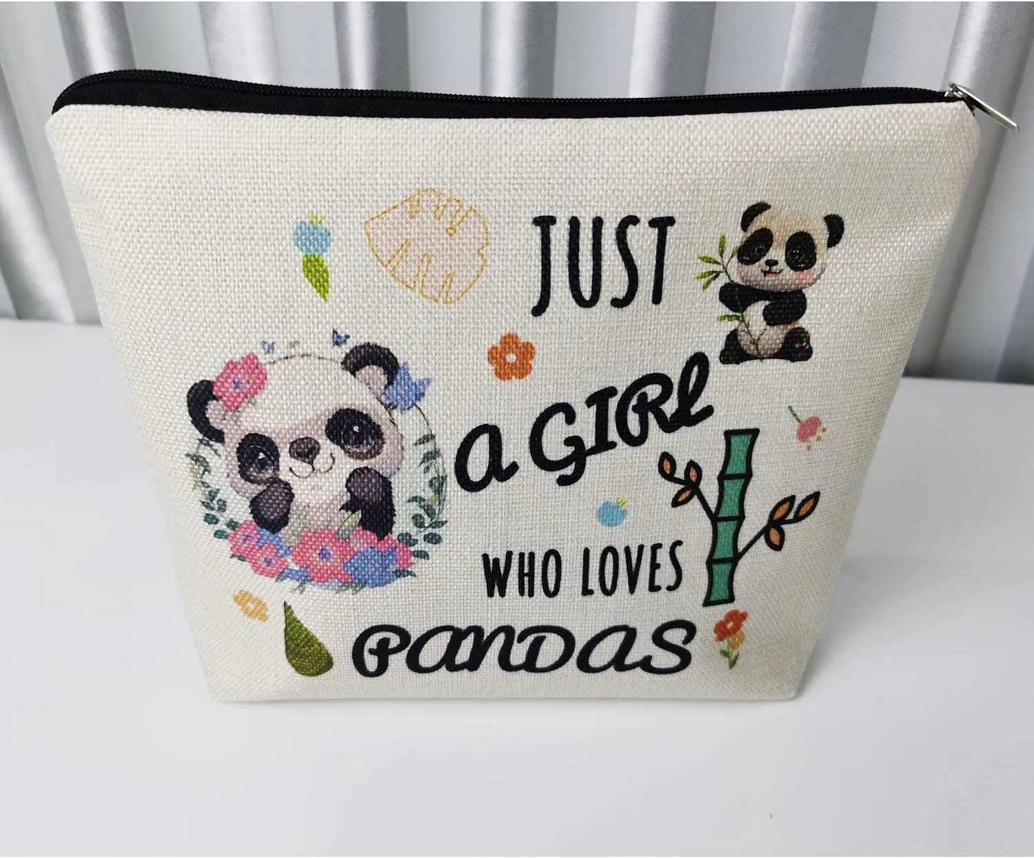 Funny Panda Present Just Love Pandas Makeup Bag Cute Small Cosmetic Bag Travel Toiletry Zipper Pouch Birthday Present for Pandas Lovers Women Friends