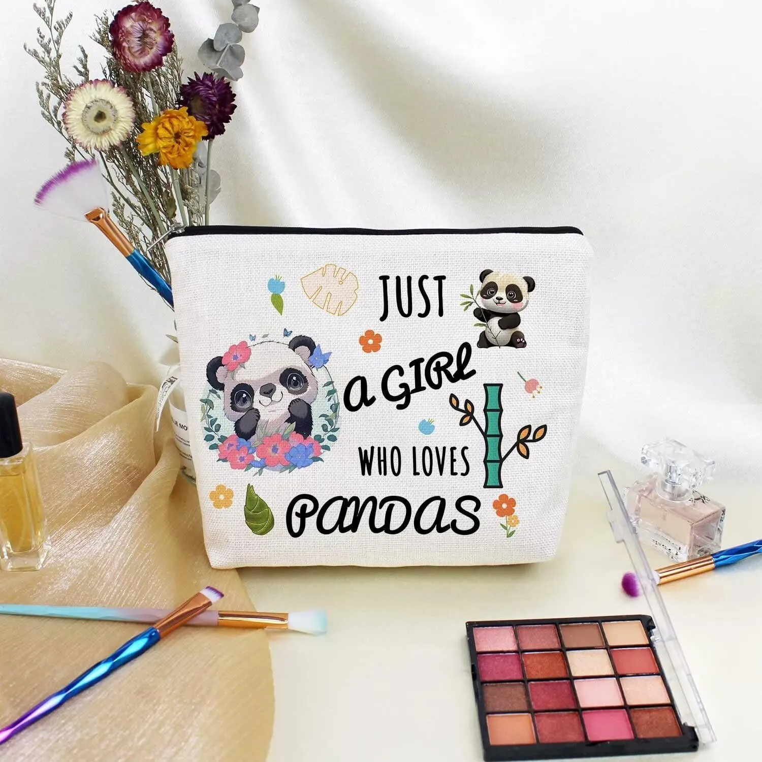 Funny Panda Present Just Love Pandas Makeup Bag Cute Small Cosmetic Bag Travel Toiletry Zipper Pouch Birthday Present for Pandas Lovers Women Friends