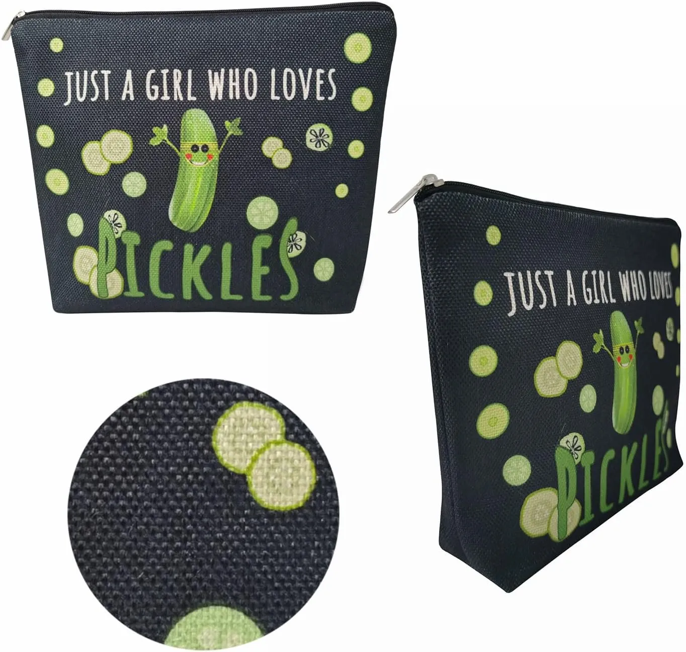 Funny Pickles Present Just Love Pickles Makeup Bag Black Background Canvas Organizer Zipper Pouch Funny Pickle Print Cosmetic Bag Birthday Present for Pickle Lovers Women