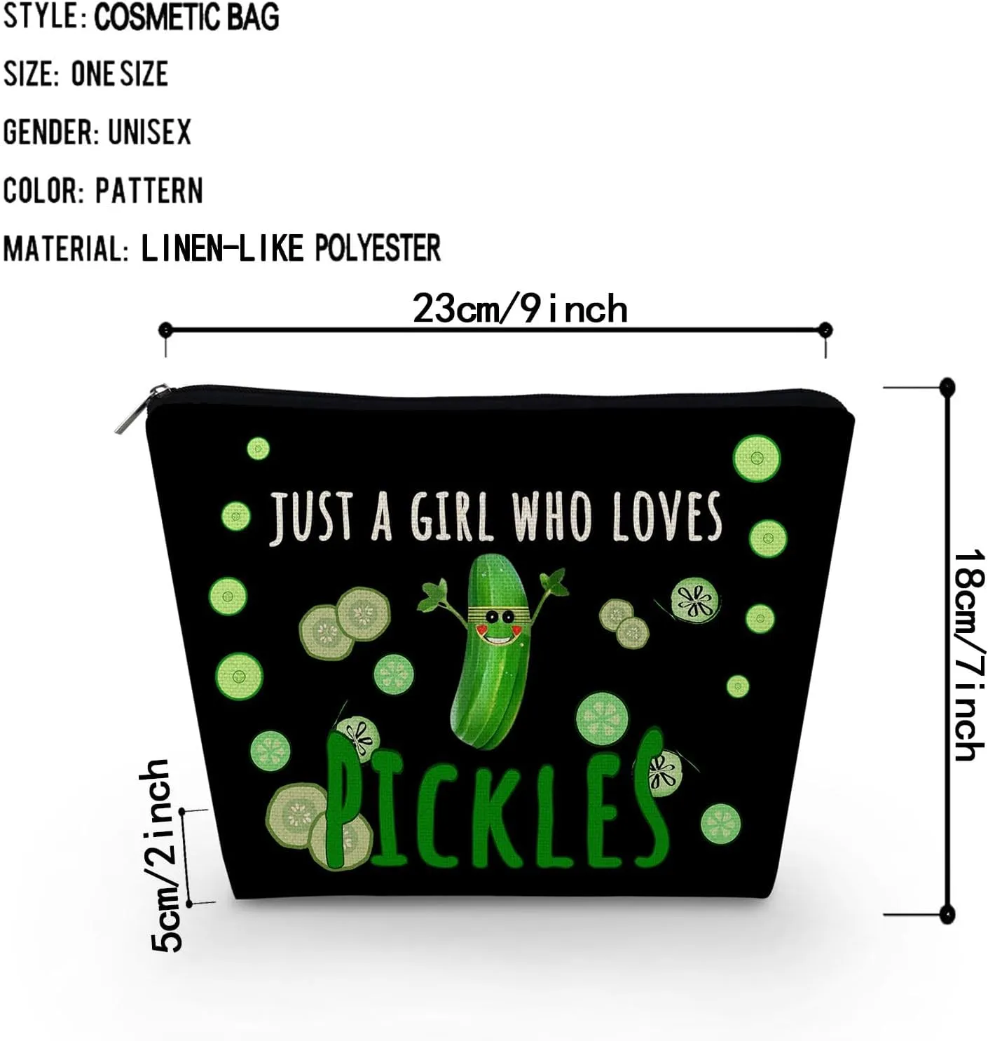 Funny Pickles Present Just Love Pickles Makeup Bag Black Background Canvas Organizer Zipper Pouch Funny Pickle Print Cosmetic Bag Birthday Present for Pickle Lovers Women