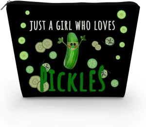 Funny Pickles Present Just Love Pickles Makeup Bag Black Background Canvas Organizer Zipper Pouch Funny Pickle Print Cosmetic Bag Birthday Present for Pickle Lovers Women