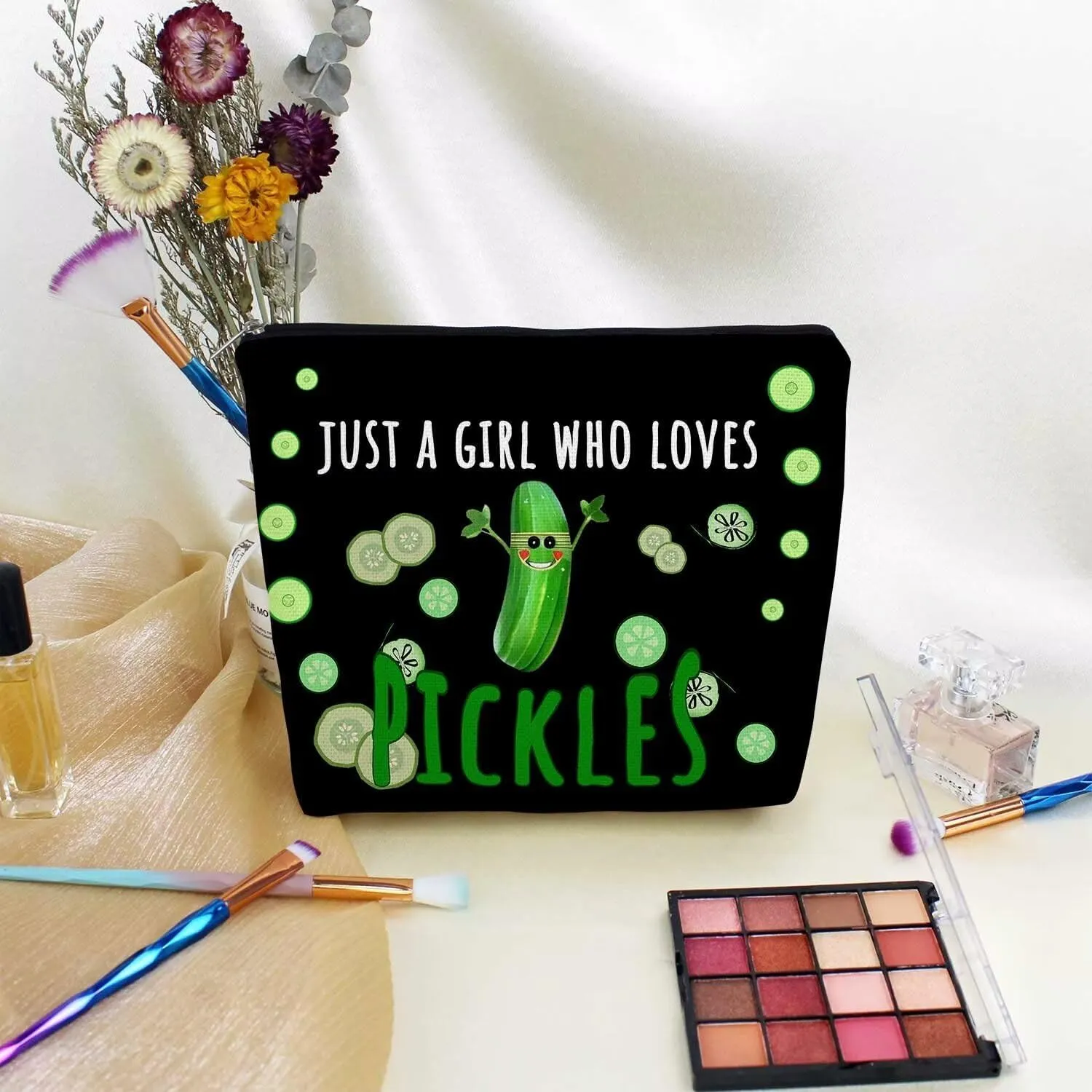 Funny Pickles Present Just Love Pickles Makeup Bag Black Background Canvas Organizer Zipper Pouch Funny Pickle Print Cosmetic Bag Birthday Present for Pickle Lovers Women
