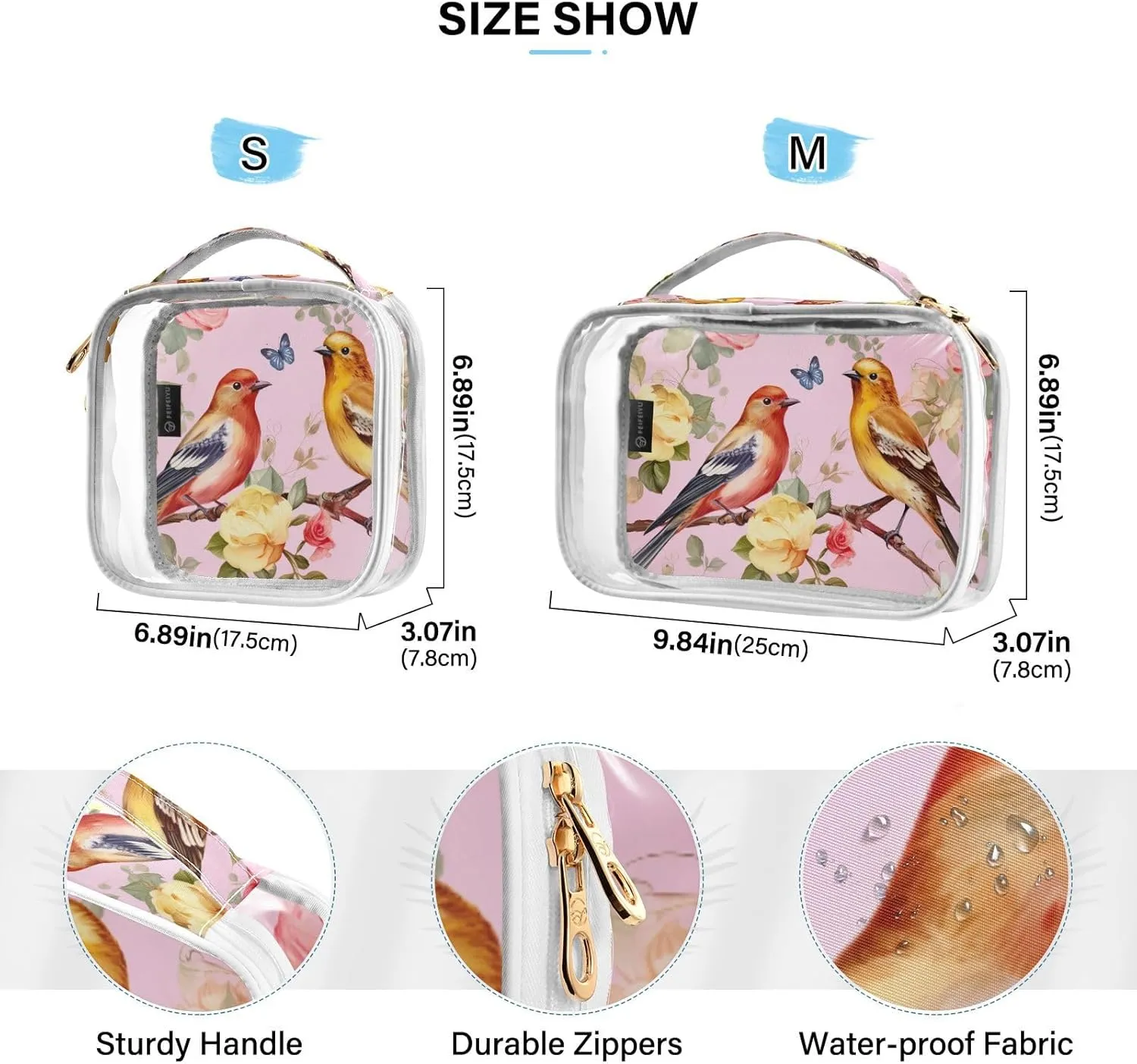 GAIGEO Birds and Roses Clear Cosmetic Bag Set, Clear Plastic Toiletry Bag, Ladies Toiletry Travel Bag, 2 Pack