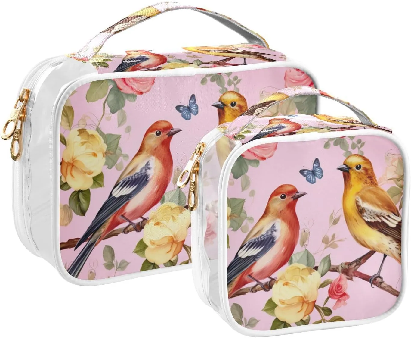 GAIGEO Birds and Roses Clear Cosmetic Bag Set, Clear Plastic Toiletry Bag, Ladies Toiletry Travel Bag, 2 Pack